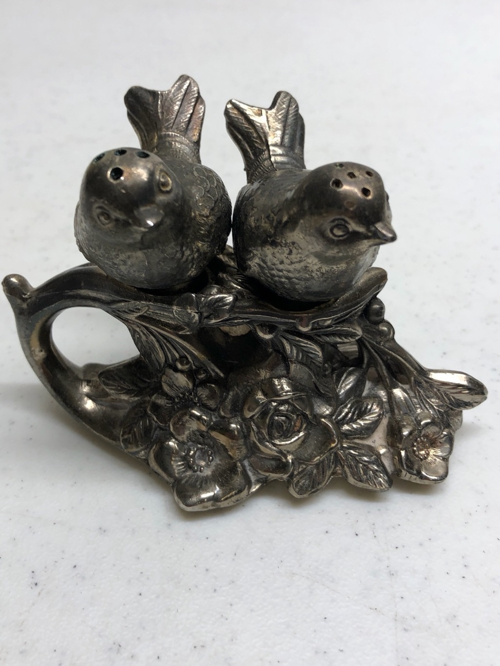 Silver Plated Birds Salt and Pepper Shaker Set with Floral Base